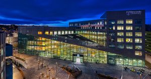 Aerial Photograph of the Newcastle University Urban Sciences Building at night