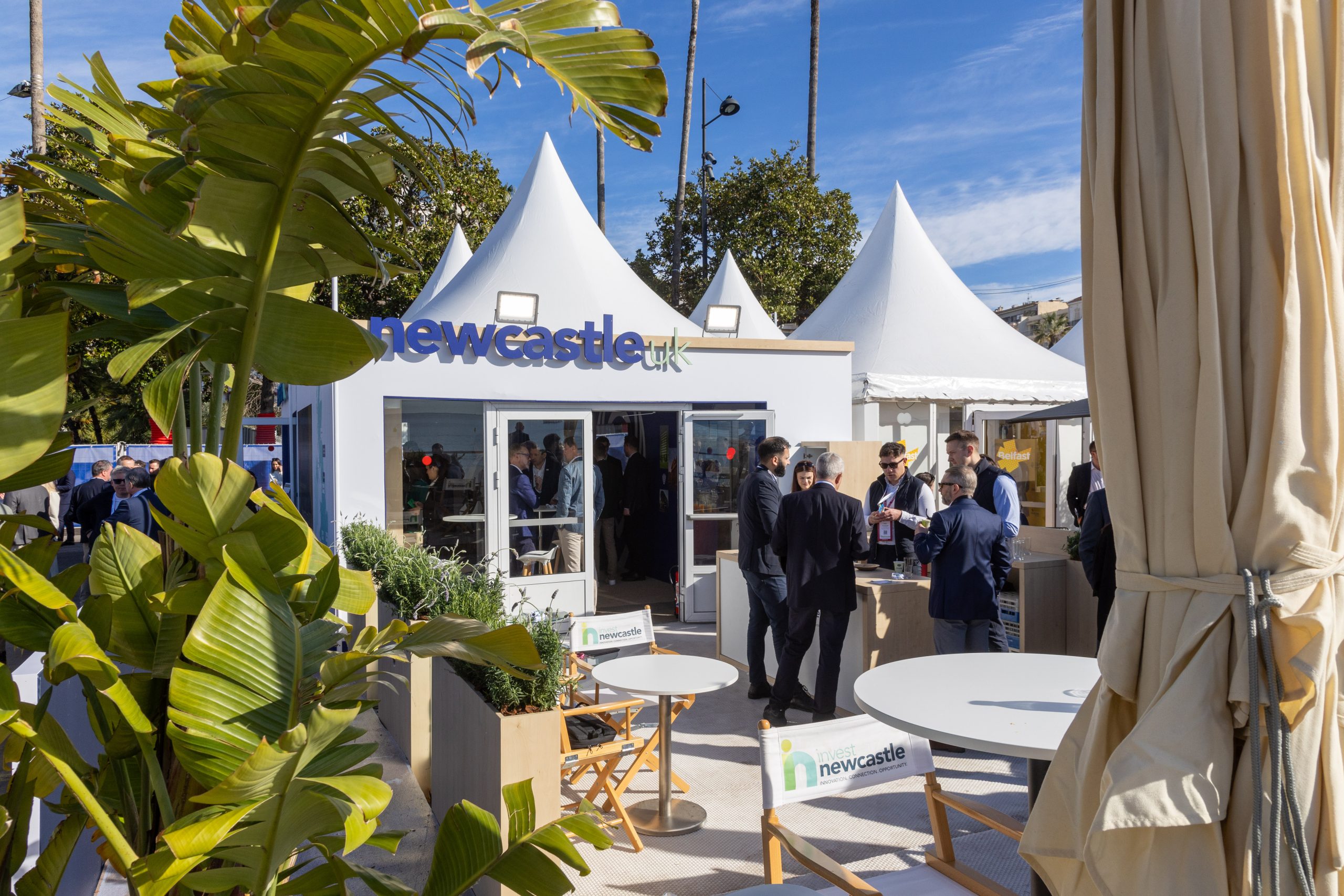 View of the outside of Newcastle's pavilion at MIPIM from the terrace.