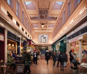 CGI interpretation of the one of the alleys in Grainger Market with new moody lighting