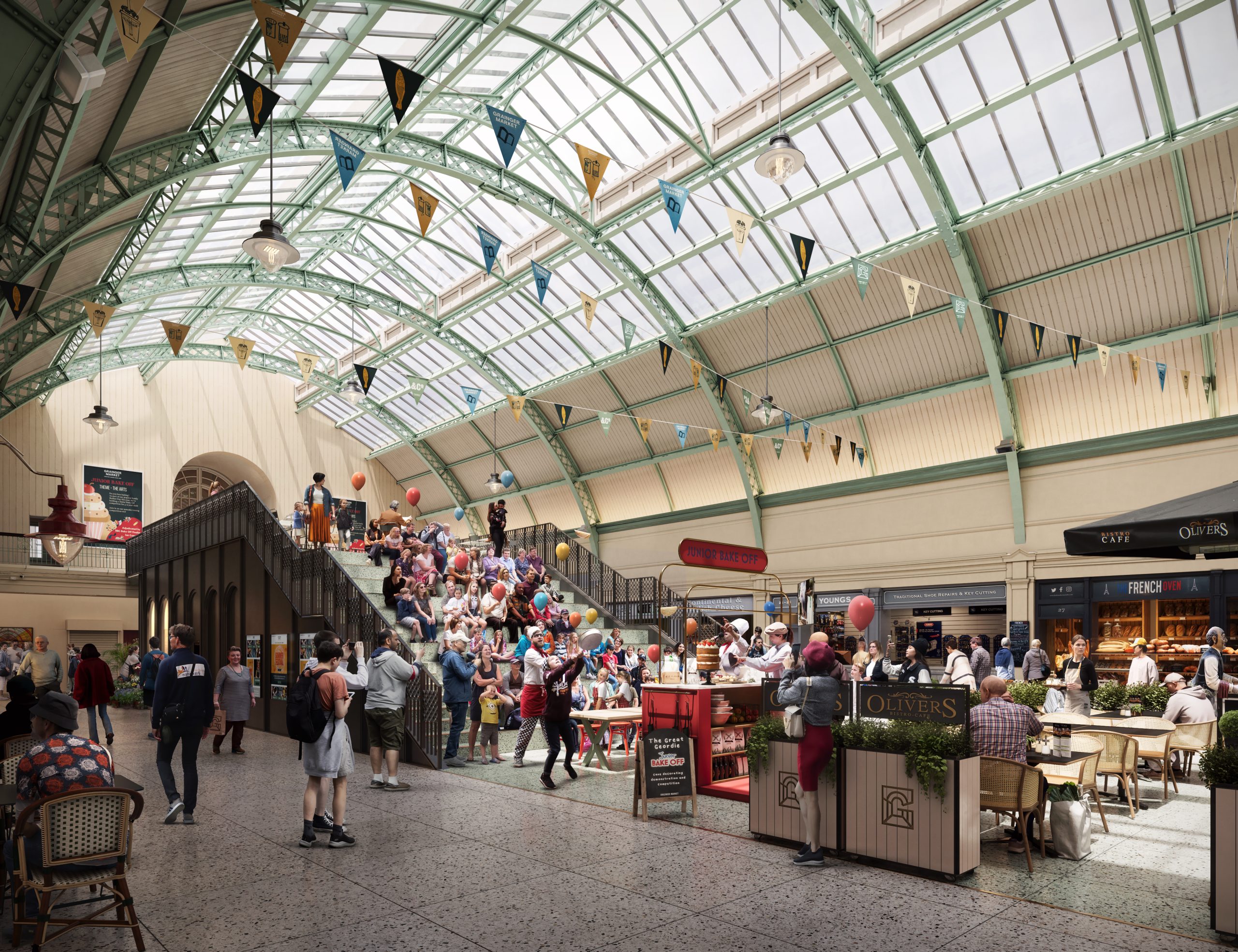 CGI interpretation of the new Arcade area of the Grainger Market with new event space and seating in the middle.