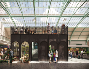 CGI interpretation of new elevated cafe seating area in Grainger Market arcade