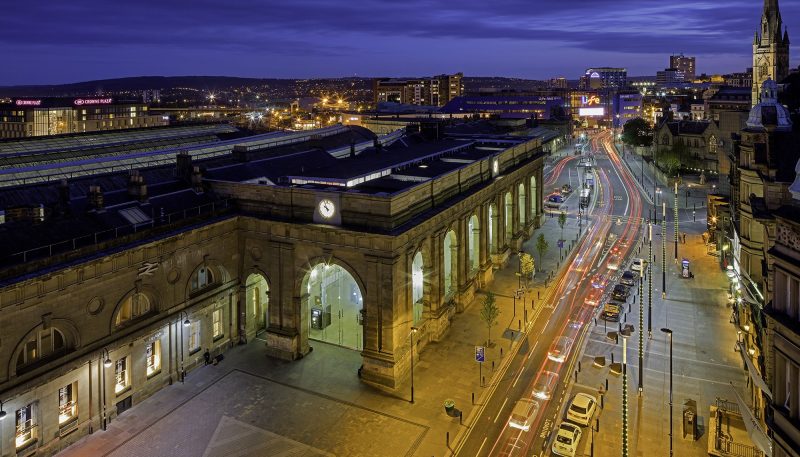 External image of Newcastle's Central Station at dusk