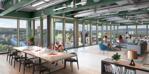 CGI of upper floor office space in new environmentally-friendly office building, there are people working at large shared desk and comfortable seating near the windows.