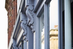 Exterior shot of the windows of the restored Worswick Chambers building.