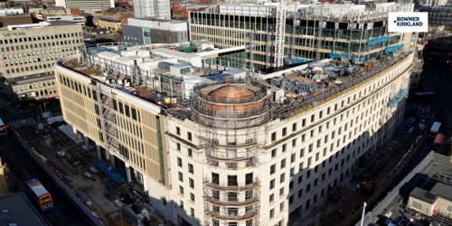 Aerial image of Pilgrim's Quarter development site, some of the structure still has scaffolding on the external walls.