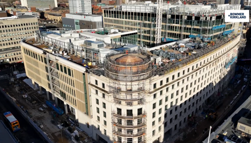 Aerial image of Pilgrim's Quarter development site, some of the structure still has scaffolding on the external walls.