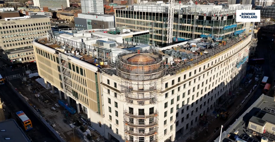 Aerial image of Pilgrim's Quarter development site, some of the structure still has scaffolding on the external walls.