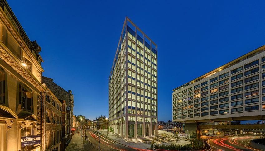 Image of Bank House office block at nighttime.