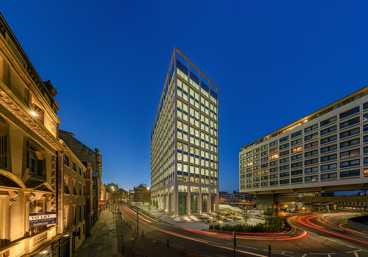 Image of Bank House office block at nighttime.