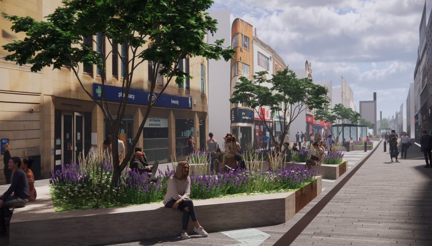 CGI of Newcastle's Northumberland Street with new paving, planting and seating areas.