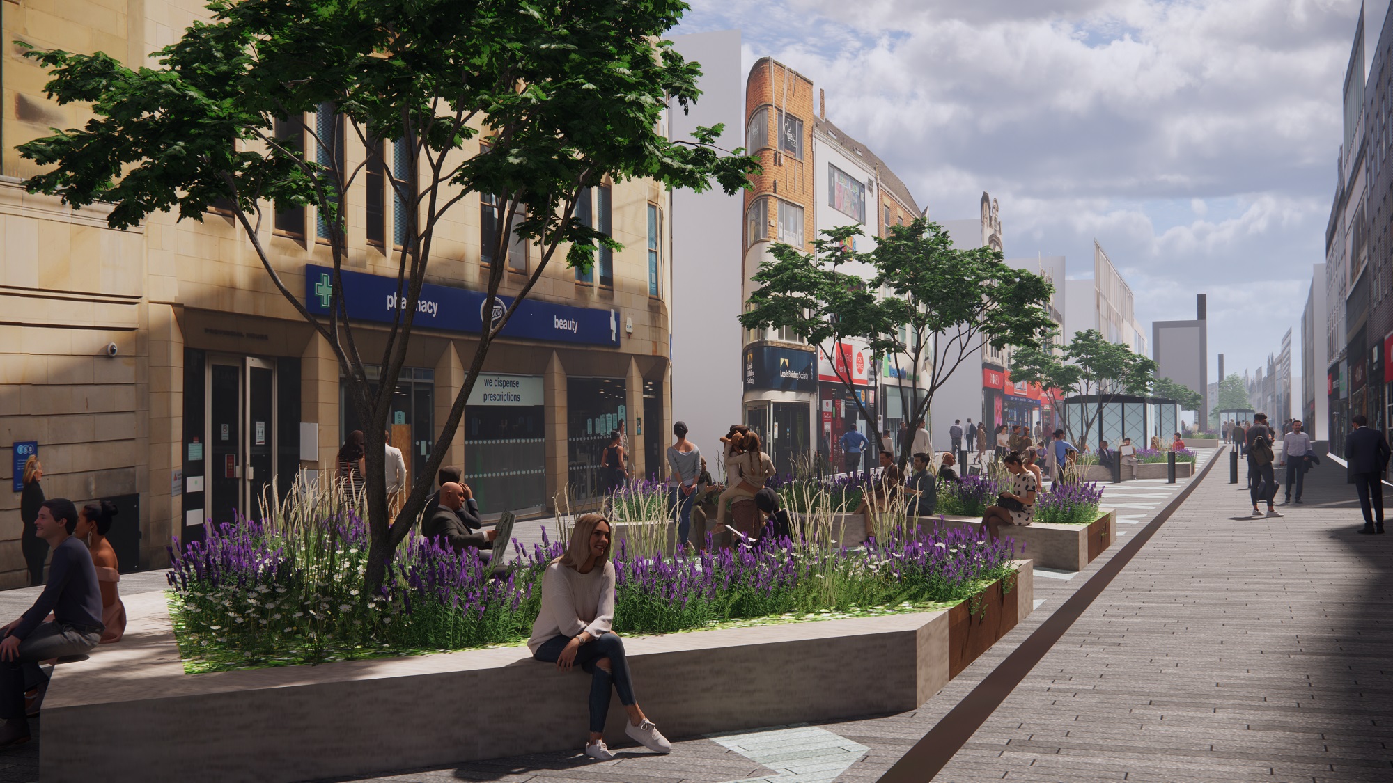 CGI of Newcastle's Northumberland Street with new paving, planting and seating areas.