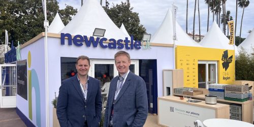 John and Fergus of Broadoak stood outside of the Newcastle Pavilion at MIPIM both wearing navy blazers.