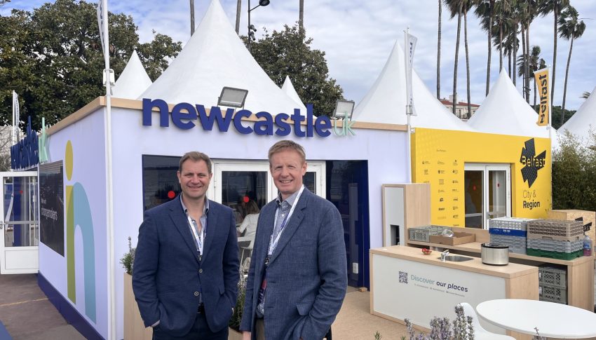 John and Fergus of Broadoak stood outside of the Newcastle Pavilion at MIPIM both wearing navy blazers.