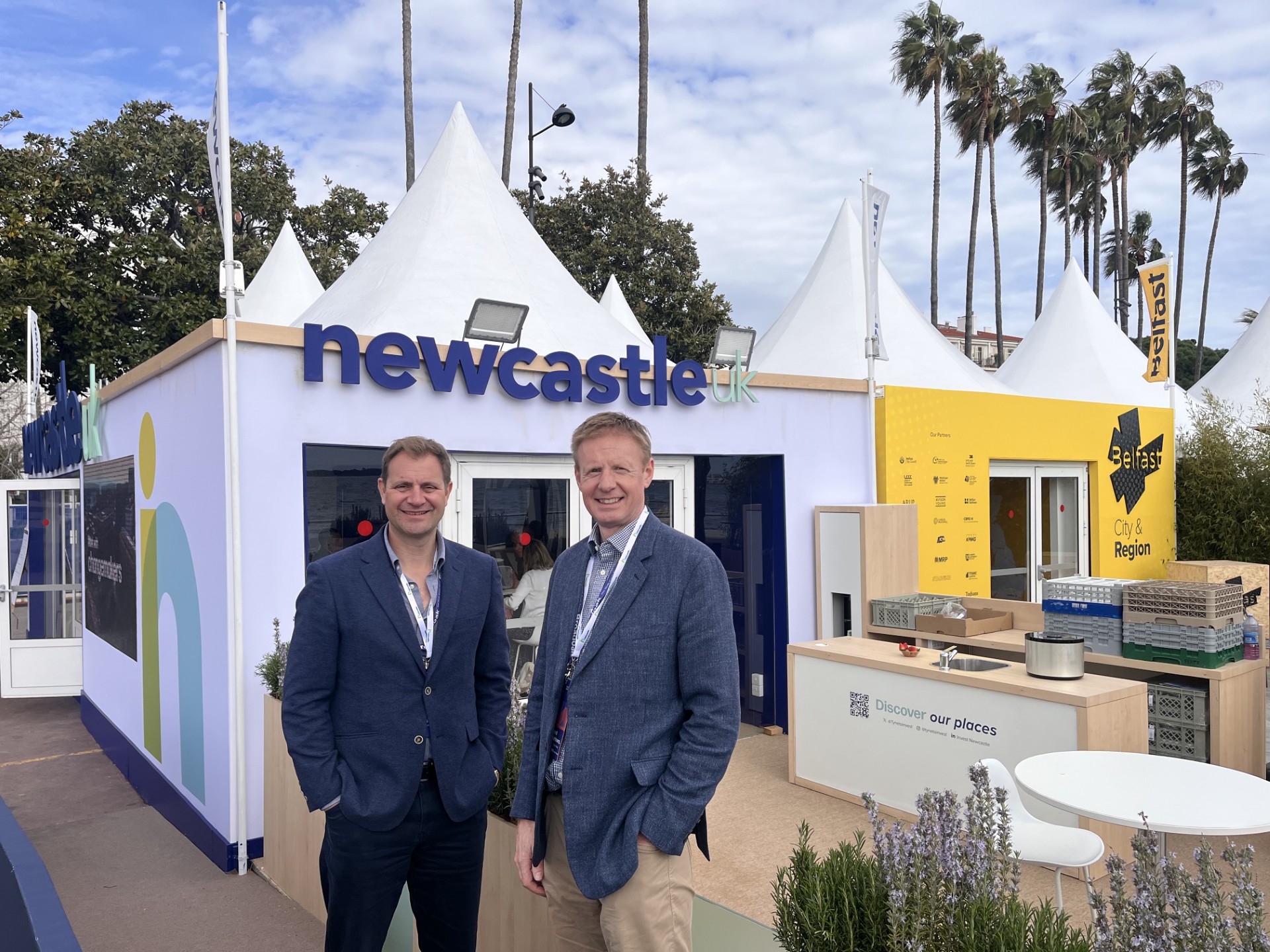 John and Fergus of Broadoak stood outside of the Newcastle Pavilion at MIPIM both wearing navy blazers.