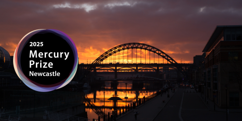Newcastle Quayside skyline at sunset with Mercury Prize 2025 logo overlayed.