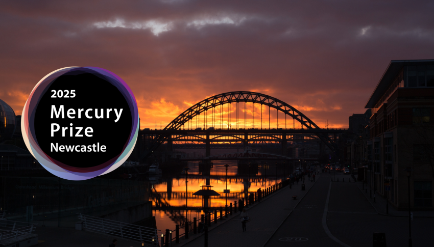 Newcastle Quayside skyline at sunset with Mercury Prize 2025 logo overlayed.