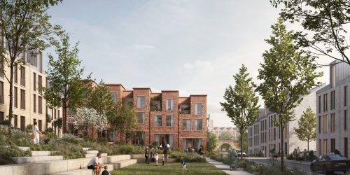 CGI of Forth Yards site with flats surrounding a green park surrounded by trees.
