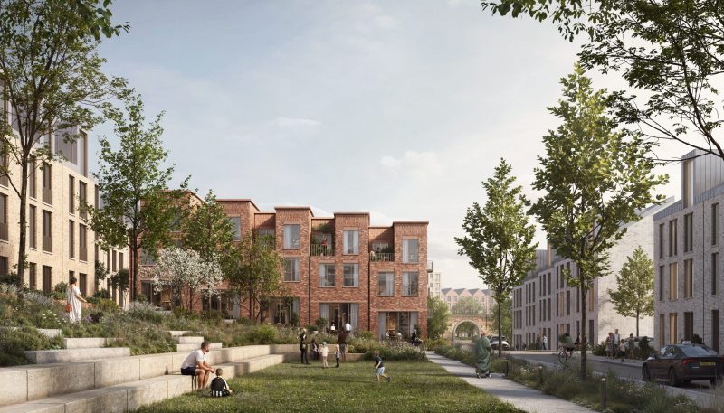CGI of Forth Yards site with flats surrounding a green park surrounded by trees.