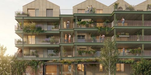 CGI image of residential apartments with lots of greenery on the balconies.