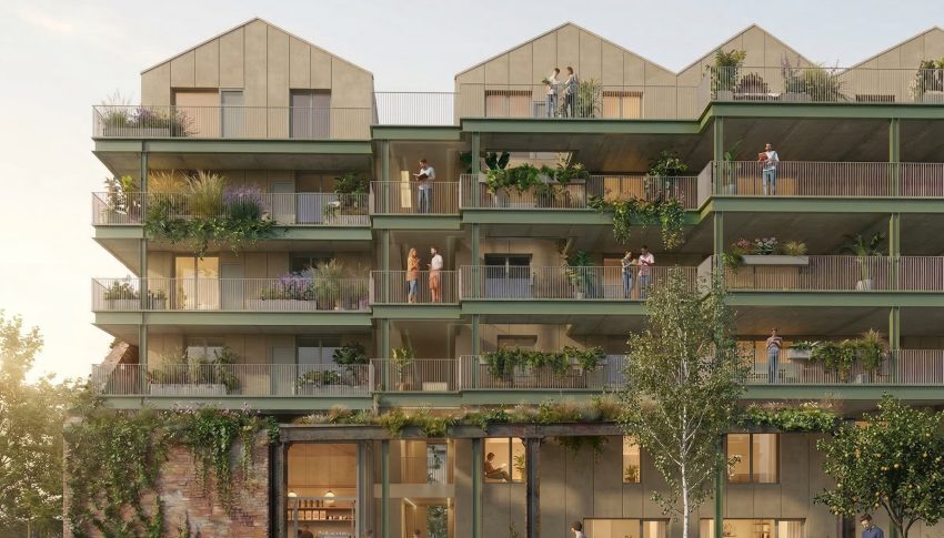 CGI image of residential apartments with lots of greenery on the balconies.