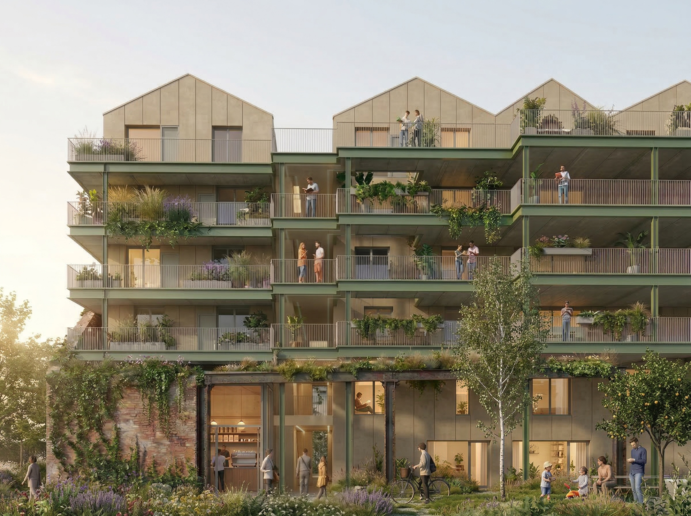 CGI image of residential apartments with lots of greenery on the balconies.
